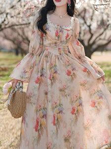 Pink Square Collar Floral Lace Ruffles Edwardian Revival Vintage Dress