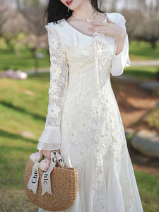 White V Neck Lace Flowers Long Sleeve Fishtail Wedding Vintage Dress