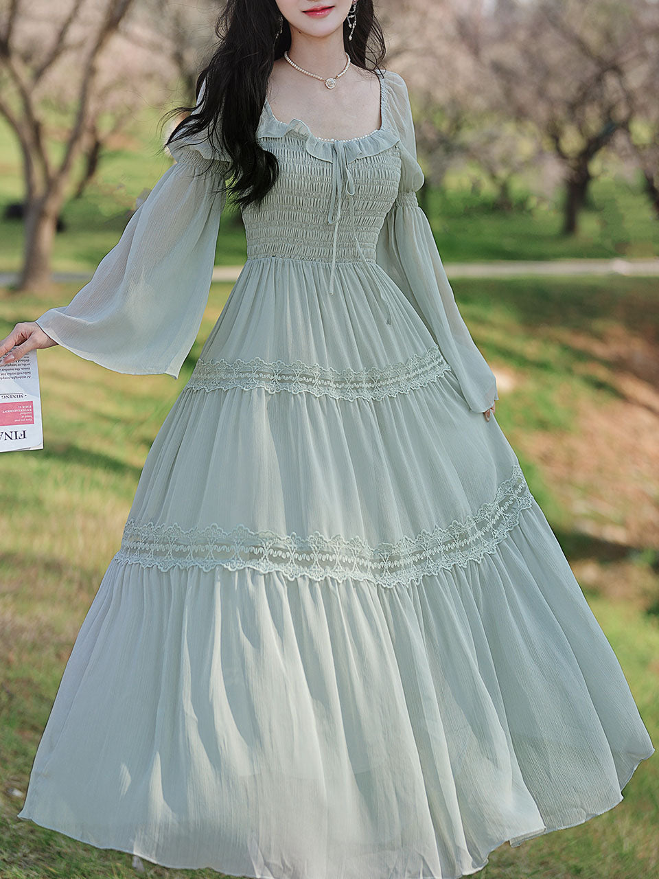Green Square Collar Lace Ruffles Edwardian Revival Vintage Dress, Green / XS