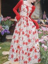 Load image into Gallery viewer, 2PS Red Rose Spaghetti Strap 1950S Vintage Dress With Long Sleeve Ruffles Cardigan