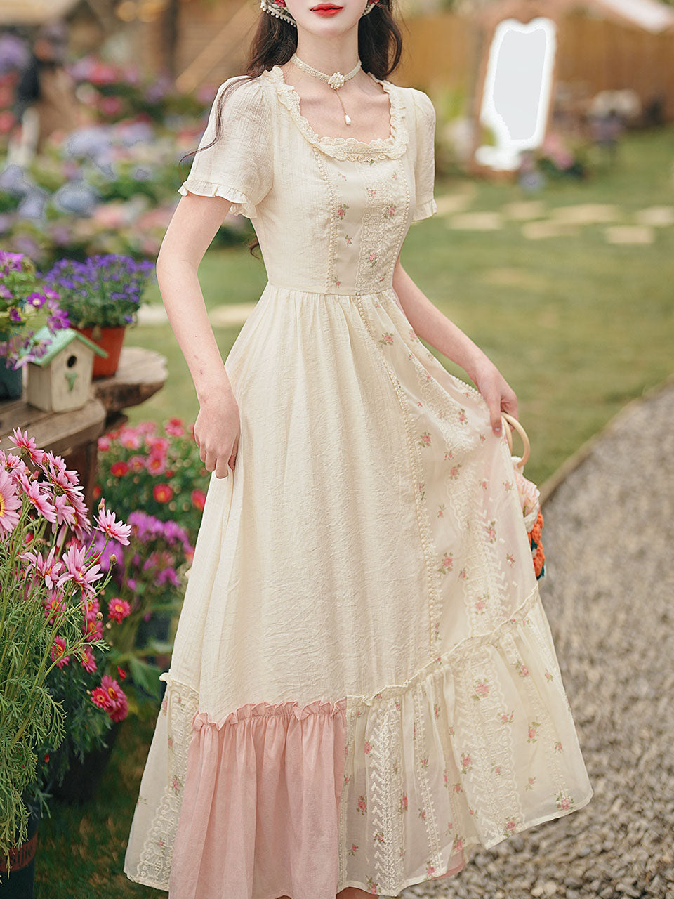 white christmas dresses Pink Square Neck Floral Print Short Sleeve Vintage Cottagecore Cotton Dress, Pink / L