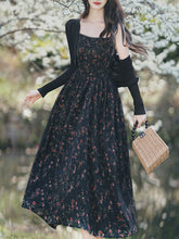 Load image into Gallery viewer, 2PS Vintage Black Floral Chiffon Maxi Dress with Black Cardigan