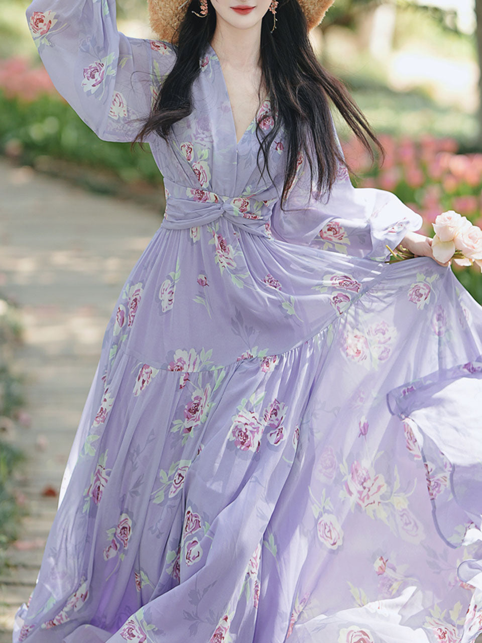 Purple Floral Print V Neck Long Sleeve Vintage Dress Purple / L Purple Floral Print V Neck Long Sleeve Vintage Dress Purple / L