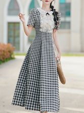 Load image into Gallery viewer, Black and White Plaid Lace Peter Pan Collar 1950s Vintage Dress