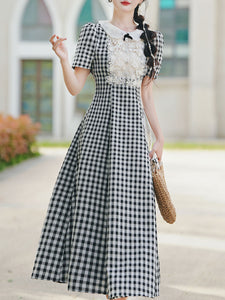 Black and White Plaid Lace Peter Pan Collar 1950s Vintage Dress