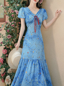 Blue Starry Night Sky Tie Dye V Neck Puff Sleeve Vintage Dress