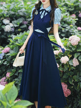 Load image into Gallery viewer, Vintage Navy Two-Piece Fake Layered Shirt Dress