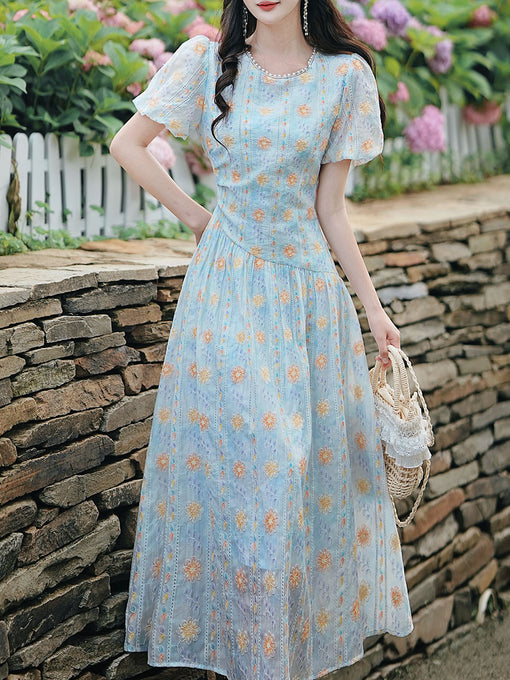Blue Pearl-encrusted Collar Embroidered Lace 1950s Dress