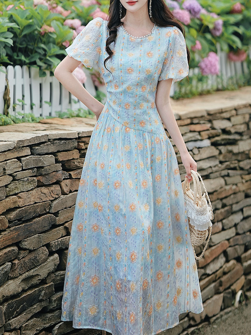 Blue Pearl-encrusted Collar Embroidered Lace 1950s Dress
