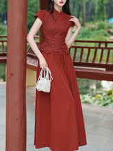 Load image into Gallery viewer, Red Cheongsam Cap Sleeve Lace Vintage Dress
