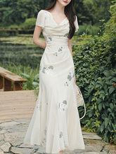Load image into Gallery viewer, Elegant Ivory Sequin Floral Mermaid Dress French Style V Neck Maxi Evening Gown
