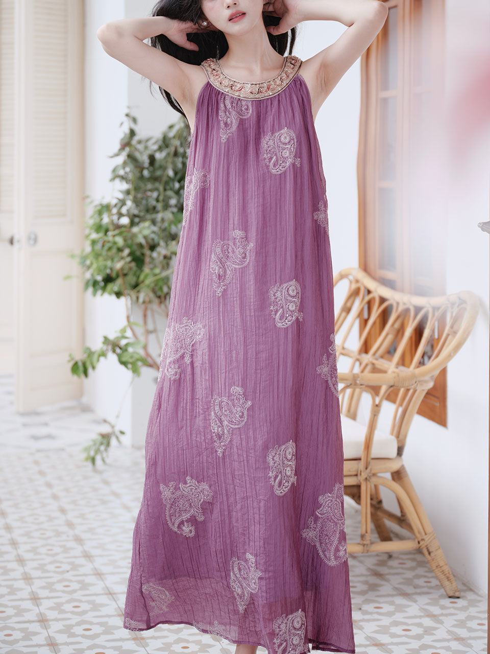 Purple Round Neck Embroidered Luxury Maxi Dress, Purple / Xs