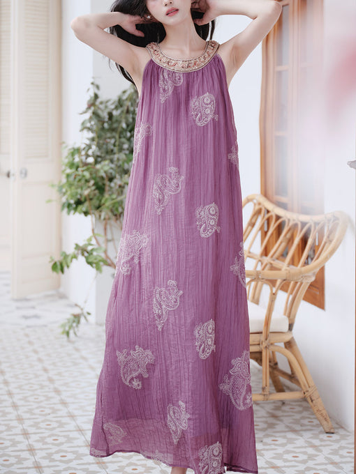 Purple Round Neck Embroidered Luxury Maxi Dress
