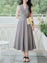 Load image into Gallery viewer, Grey V Neck Plaid Vintage Dress