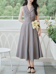 Grey V Neck Plaid Vintage Dress