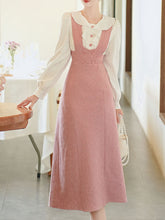 Load image into Gallery viewer, Pink Tweed Fake Two-Piece Dress with Ruffle Collar Vintage Dress