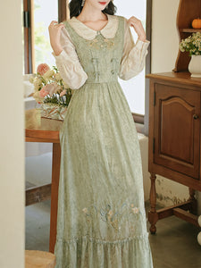 Green Peter Pan Collar  Luxurious Embroidered Long Sleeve Vintage Dress