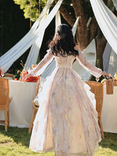 Load image into Gallery viewer, Vintage 1970s Floral Print Lavender Chiffon Ruffled Off-Shoulder Long Sleeve Maxi Dress