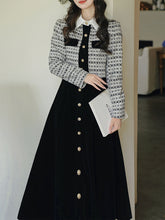 Load image into Gallery viewer, Black Tweed Fake Two-Piece Long Sleeve Vintage Dress