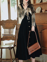 Load image into Gallery viewer, Black Plaid Tweed Fake Two-Piece Long Sleeve Vintage Dress