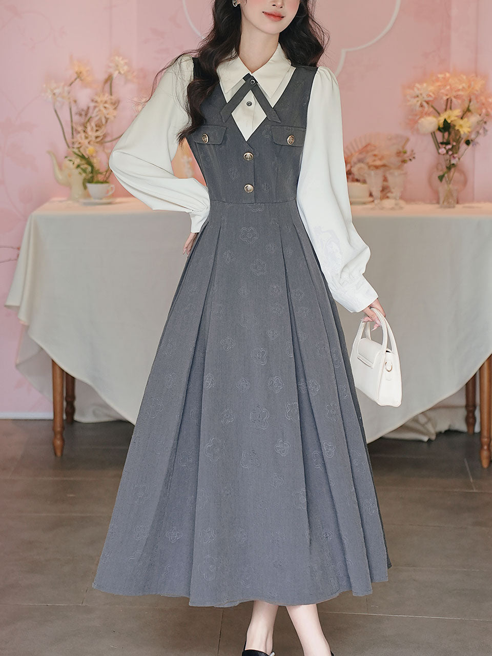 Grey Classic Shirt with Bow Tie and Gray V-Neck Rose Flower Jumper Fake Two-Piece Dress