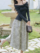 Load image into Gallery viewer, Gray Off Shoulder Slit Knit Top and Floral Jacquard Maxi Skirt Set