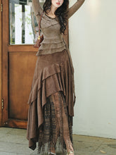 Load image into Gallery viewer, 1950S Vintage Brown Rose Top and Irregular lace Swing Skirt Set
