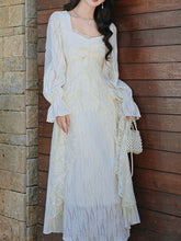 Load image into Gallery viewer, White Lace Ruffle Long Sleeve Sequined Vintage Dress