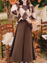 Load image into Gallery viewer, 2PS Vintage Brown and White Argyle Sweater and Brown Swing Skirt Vintage Audrey Hepburn&#39;s Style Outfits