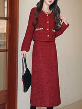 Load image into Gallery viewer, 2PS Red Luxurious Sequined Warm Tweed Coat With Skirt 1950S Vintage Suit