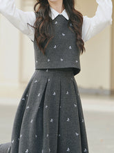 Load image into Gallery viewer, 3PS Preppy Set White Button-Down Shirt with Grey Woollen Sleeveless Vest and Swing Skirt