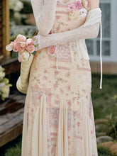 Load image into Gallery viewer, Pink Floral Print Spaghetti Strap Fishtail Flared Vintage Maxi Dress