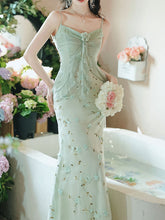 Load image into Gallery viewer, 2PS Green Floral Printed Spaghetti Strap Vintage Dress With Cardigan Suit