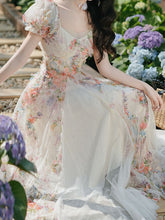 Load image into Gallery viewer, Printed Tulle Puff Sleeve Ruffled Hem Princess Party Dress for Girls Women