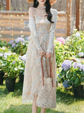 Load image into Gallery viewer, 2PS Apricot Floral Printed Spaghetti Strap High-low Ruffled Hem Vintage Dress With Cardigan Suit