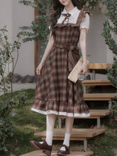 Load image into Gallery viewer, Brown Plaid Fake Two-Piece Short Sleeve Vintage Dress