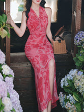 Load image into Gallery viewer, Red Rose Floral Halter Wrap Maxi Dress with High Slit
