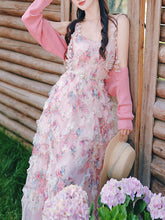 Load image into Gallery viewer, 2PS Pink Ruffles Floral Printed Spaghetti Strap Vintage Dress With Cardigan Suit