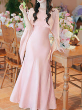 Load image into Gallery viewer, Flowing Chiffon Cape Satin Maxi Dress for Wedding