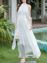 Load image into Gallery viewer, Audrey Hepburn style White Halter Neck Muse Maxi Dress with Long Flowing Scarf