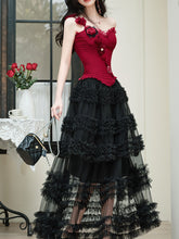Load image into Gallery viewer, Gothic Red Corset Tiered Tulle Maxi Dress  Rose Asymmetric Ruffle Dark Romantic Party Gown