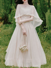 Load image into Gallery viewer, White Lace Tulle Spaghetti Strap Edwardian Victorian Vintage with Capelet