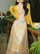 Load image into Gallery viewer, Romantic Yellow Floral Lace Tulle Maxi Dress and Knit Cardigan Set