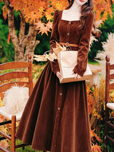 Load image into Gallery viewer, Vintage Brown Velvet Square Neck Puff Sleeve Button-Down Midi Dress
