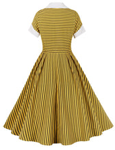 Load image into Gallery viewer, Yellow Stripe Turn Down Collar Short Sleeve 1950s Vintage Dress