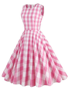 Pink And White Crew Neck Sleeveless Barbie Retro Dress