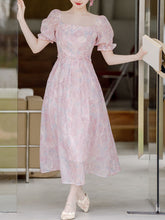 Load image into Gallery viewer, Pink Square Neck Embroidered Princess Sleeve Corset Vintage Dress