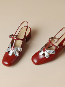 Women's  Round Toe Daisy Chunky Heel Sandals Leather Vintage Shoes