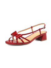 Load image into Gallery viewer, Women&#39;s Round Open Toe Bow Chunky Heel Sandals Leather Vintage Shoes