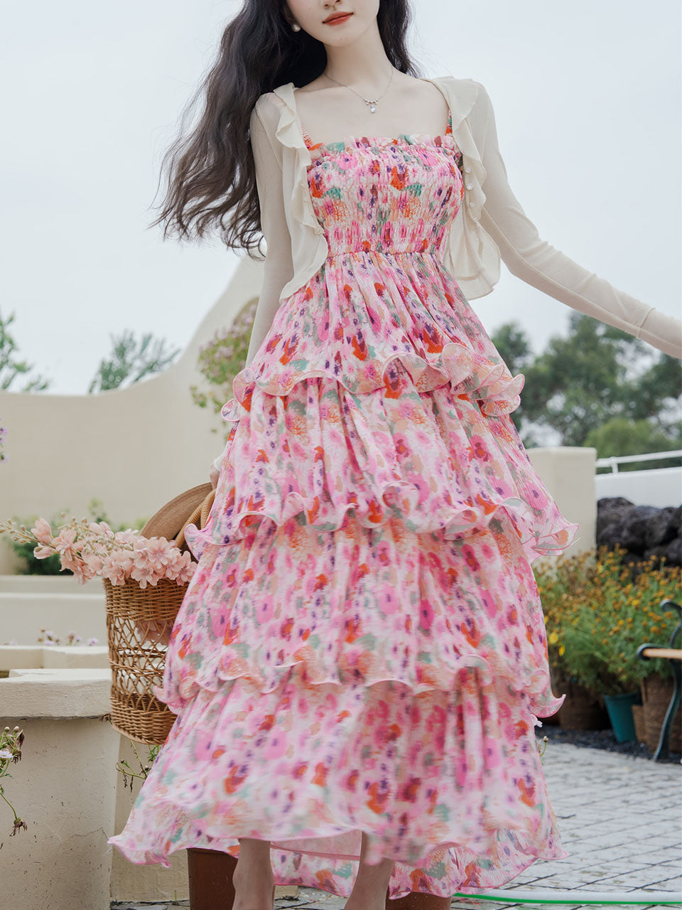 2PS Pink Floral Print Ruffles Strap Dress With White Cardigan, Pink / XS